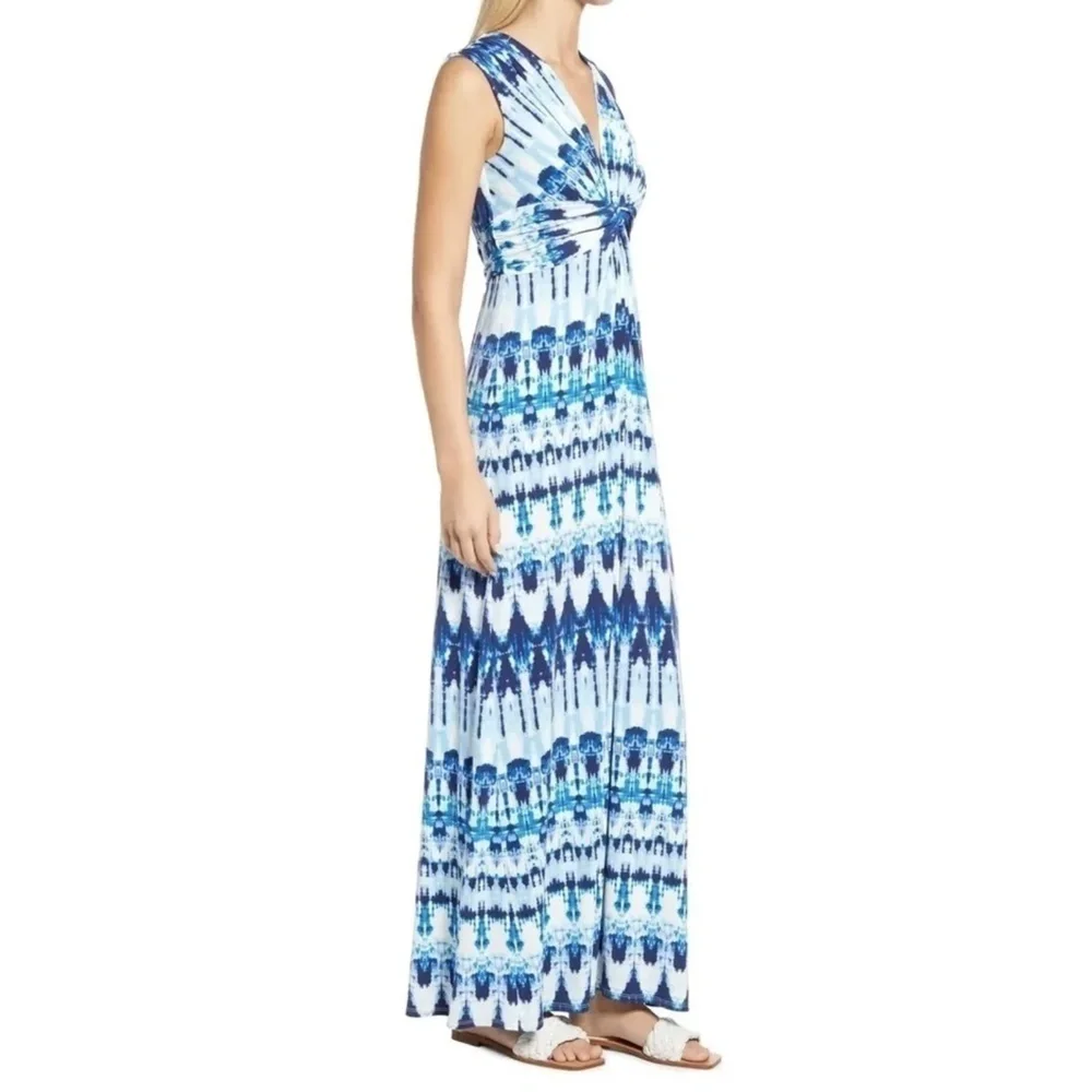 NWT Eliza J Twist Front Tie Dye Sleeveless Knit Maxi Dress in Blue Sz. 6